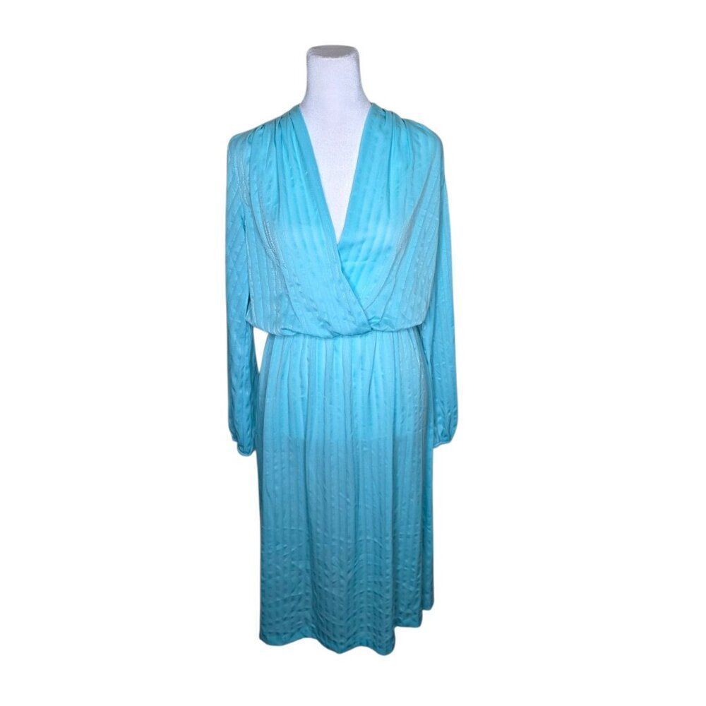 Vintage 70s Long Sleeve Wrap Blouson Midi Dress Womens Size S Blue